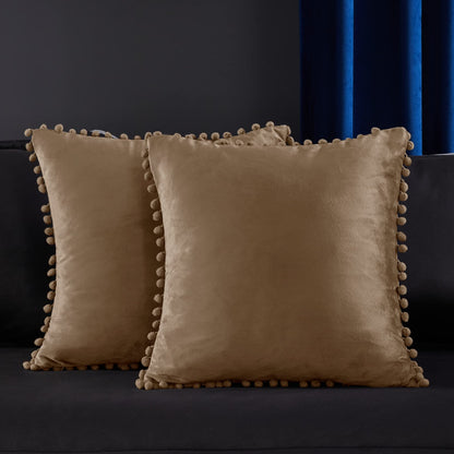 Velvet Throw Pillow Covers with Pom-Poms, 26x26 Inch