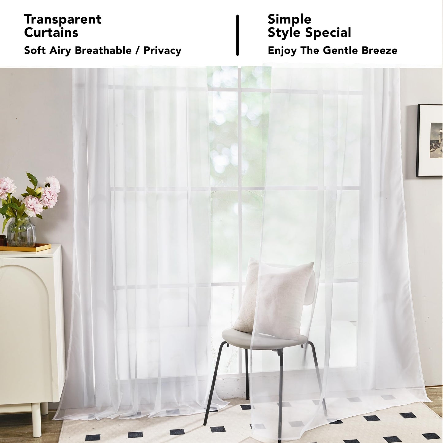 Semi-Transparent White Sheers, 52x63 Inch