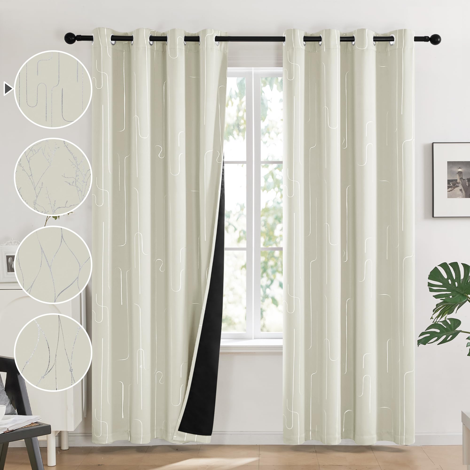 Total Blackout Curtains with Silver Print, 2 Panels