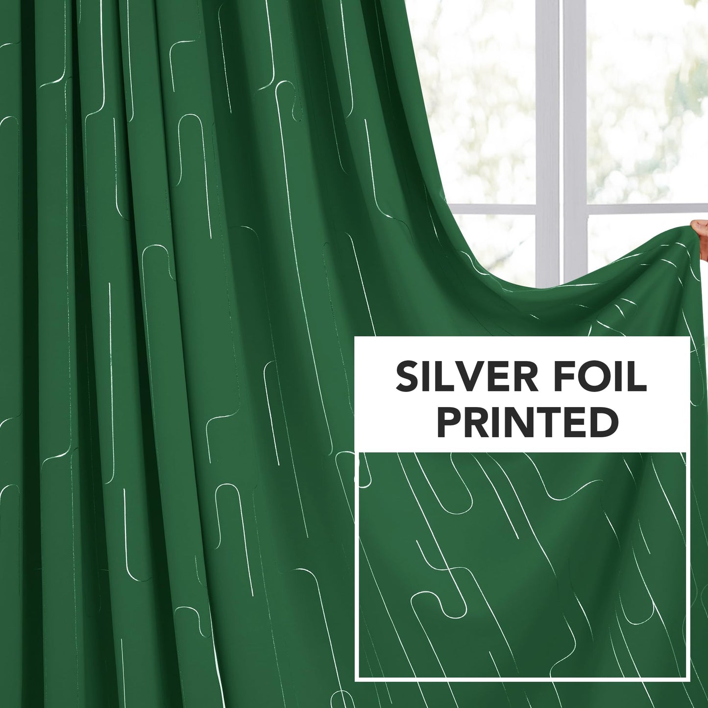 Room Darkening Curtains with Line Foil Print, Navy Blue, 2 Panels