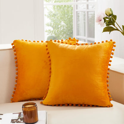 Velvet Throw Pillow Covers with Pom-Poms, 26x26 Inch