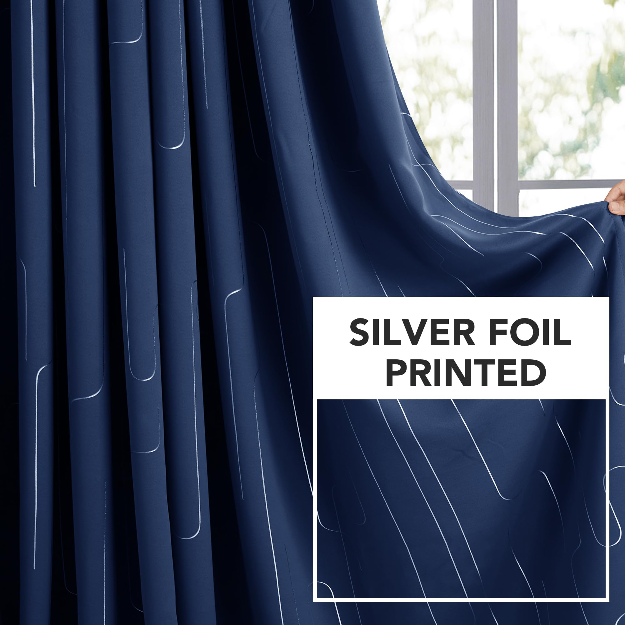 Room Darkening Curtains with Line Foil Print, Navy Blue, 2 Panels