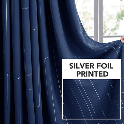 Room Darkening Curtains with Line Foil Print, Navy Blue, 2 Panels