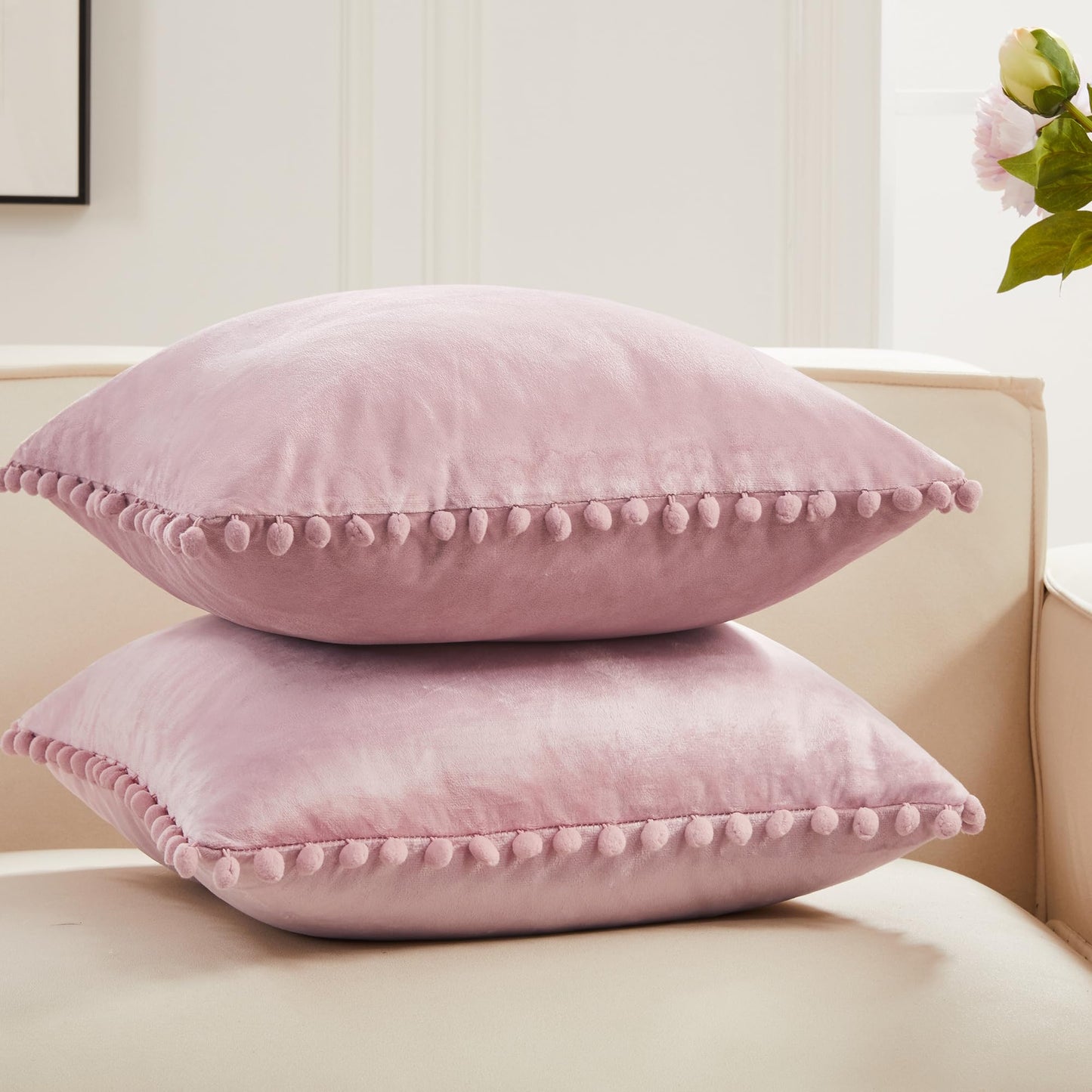 Velvet Throw Pillow Covers with Pom-Poms, 26x26 Inch