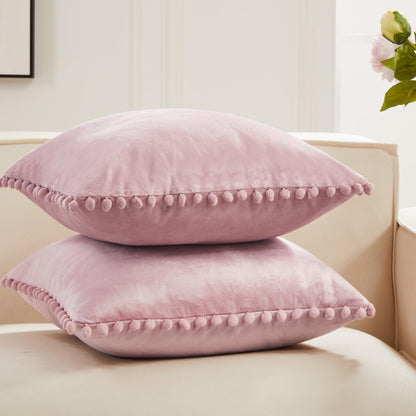Velvet Throw Pillow Covers with Pom-Poms, 26x26 Inch