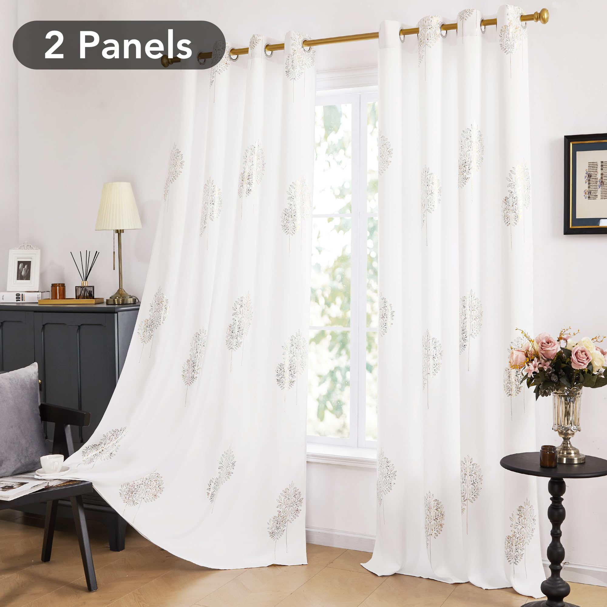 Room Darkening Curtains with Line Foil Print, Navy Blue, 2 Panels