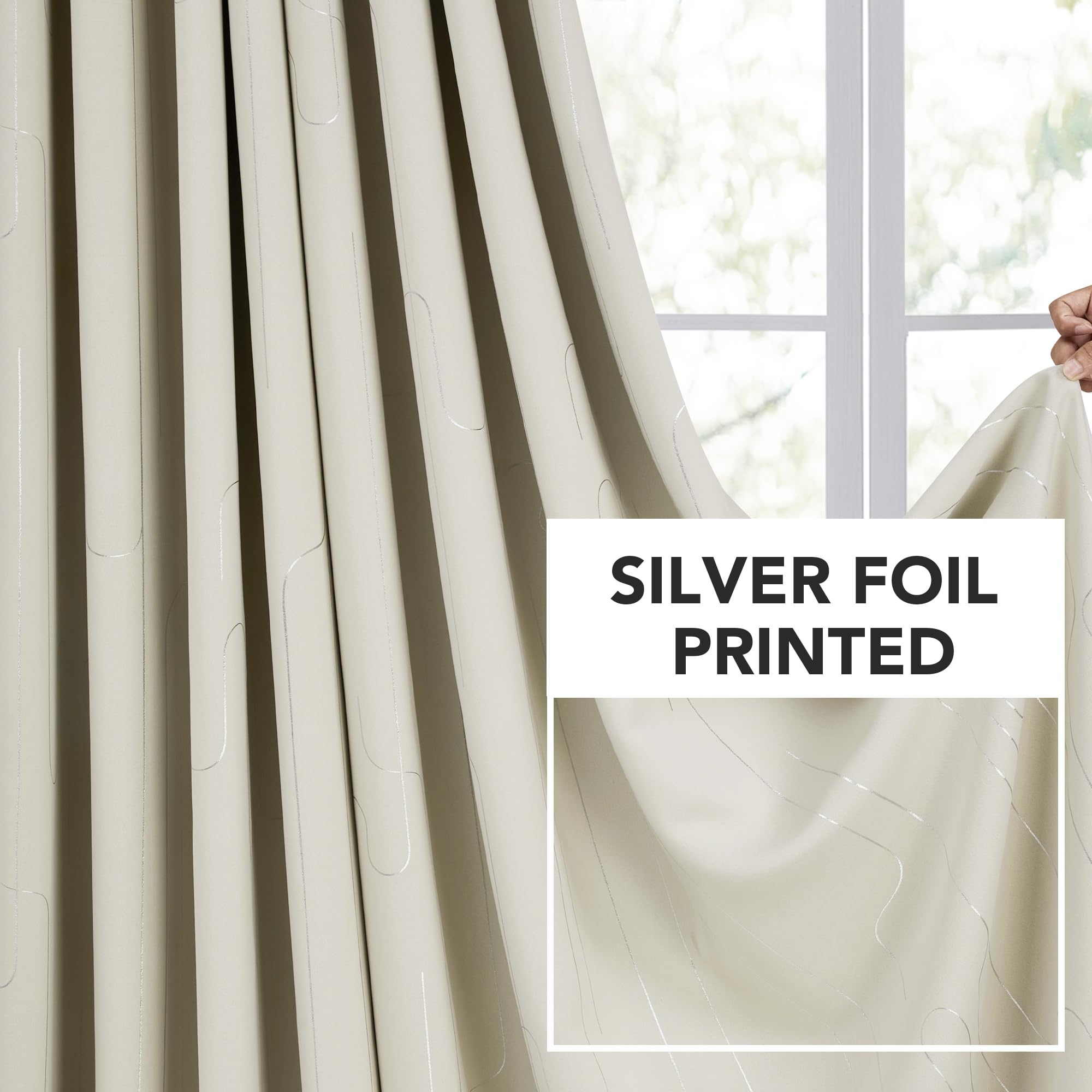 Room Darkening Curtains with Line Foil Print, Navy Blue, 2 Panels