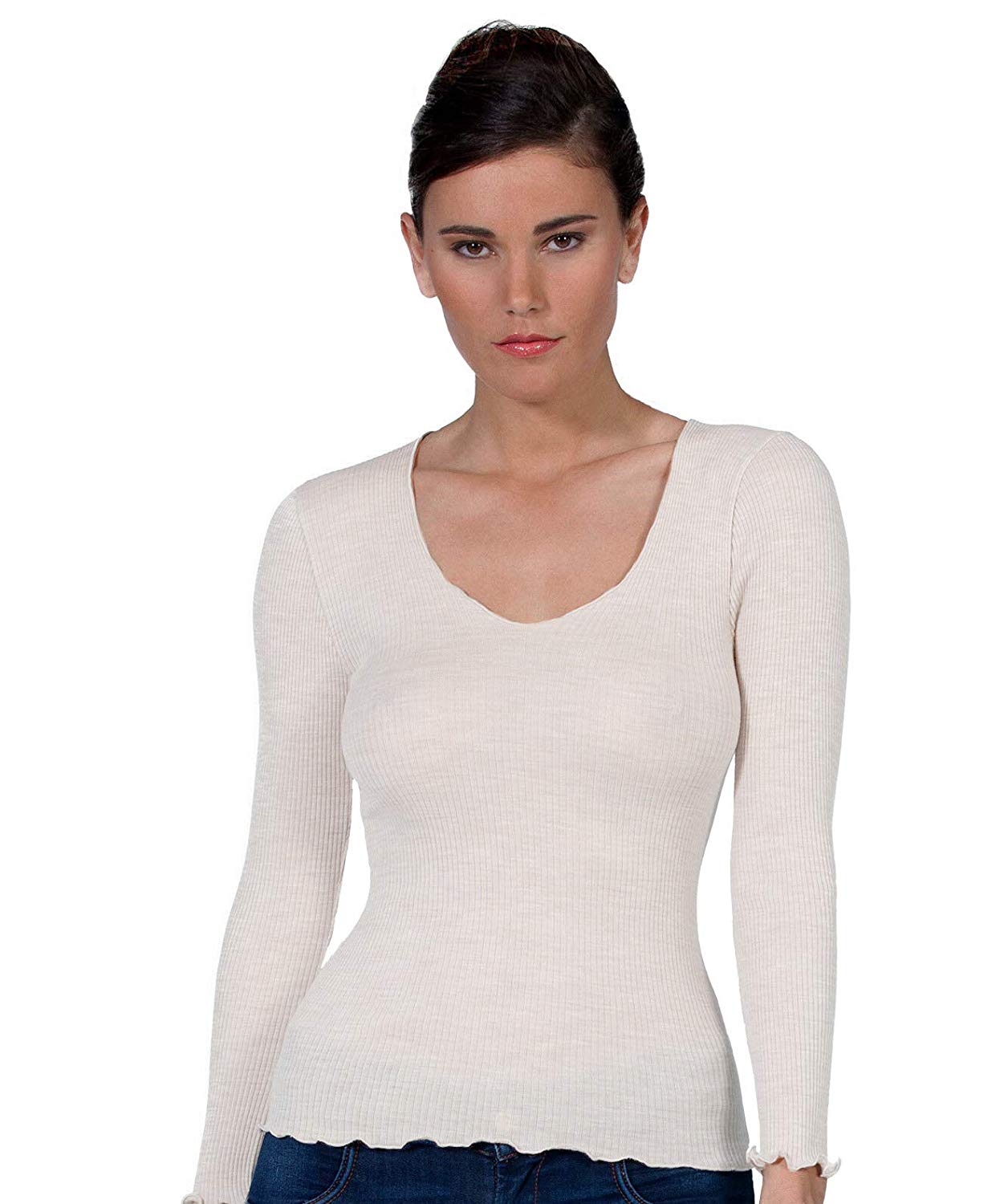 EGI Luxury Wool Silk V-Neck Long Sleeve Top. Proudly Made in Italy (1493)