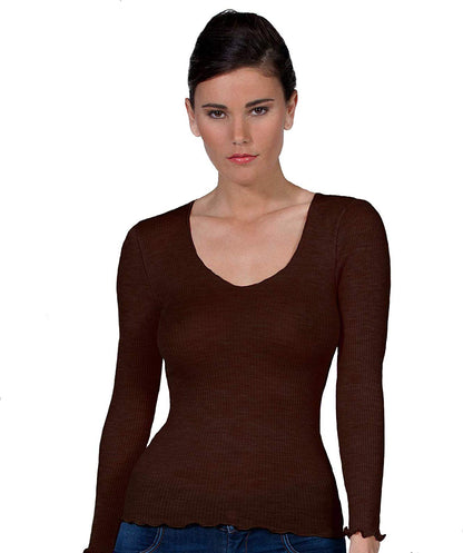 EGI Luxury Wool Silk V-Neck Long Sleeve Top. Proudly Made in Italy (1493)