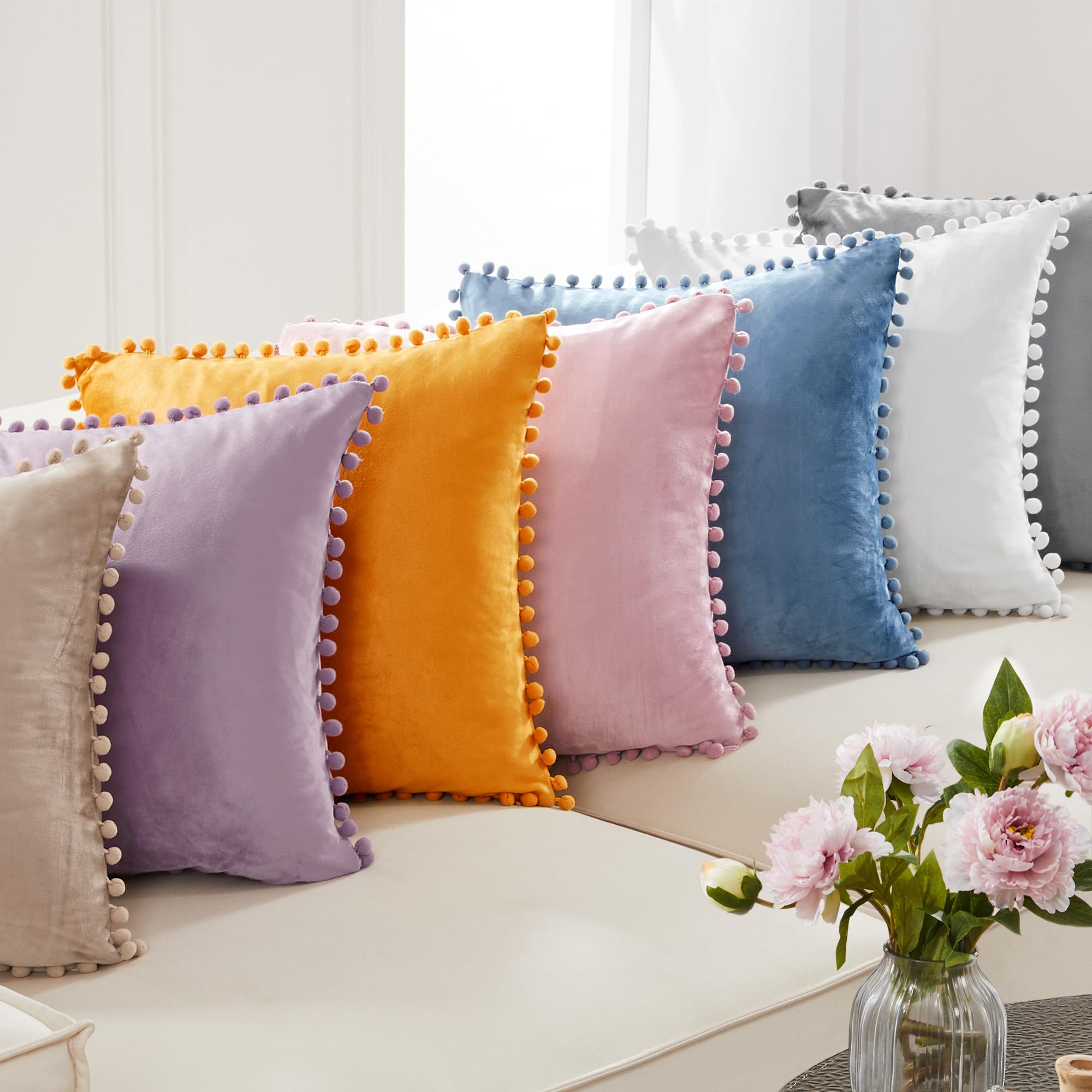 Velvet Throw Pillow Covers with Pom-Poms, 26x26 Inch