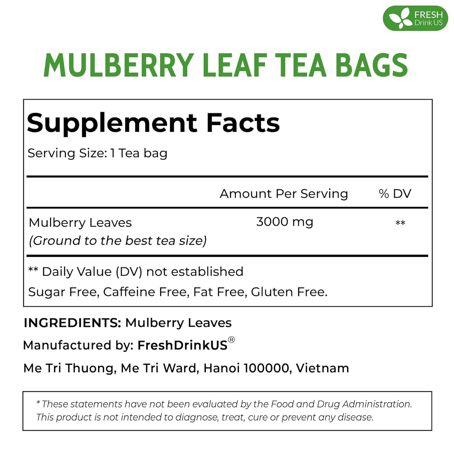 Premium Mulberry Leaf Tea Bags. No Sugar, No Caffeine, No Gluten, Vegan.