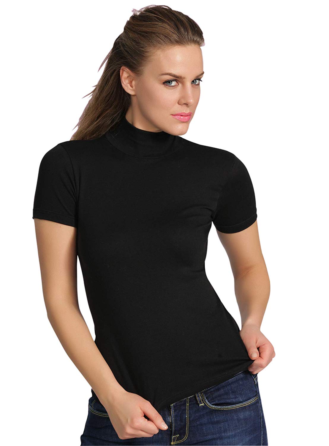 BASIC COTTON Free Spirit Premium Quality Cotton Women's Turtleneck Short Sleeve Shirt Made in Italy