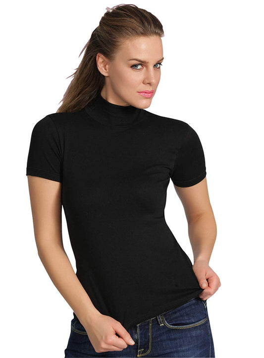 BASIC COTTON Free Spirit Premium Quality Cotton Women's Turtleneck Short Sleeve Shirt Made in Italy