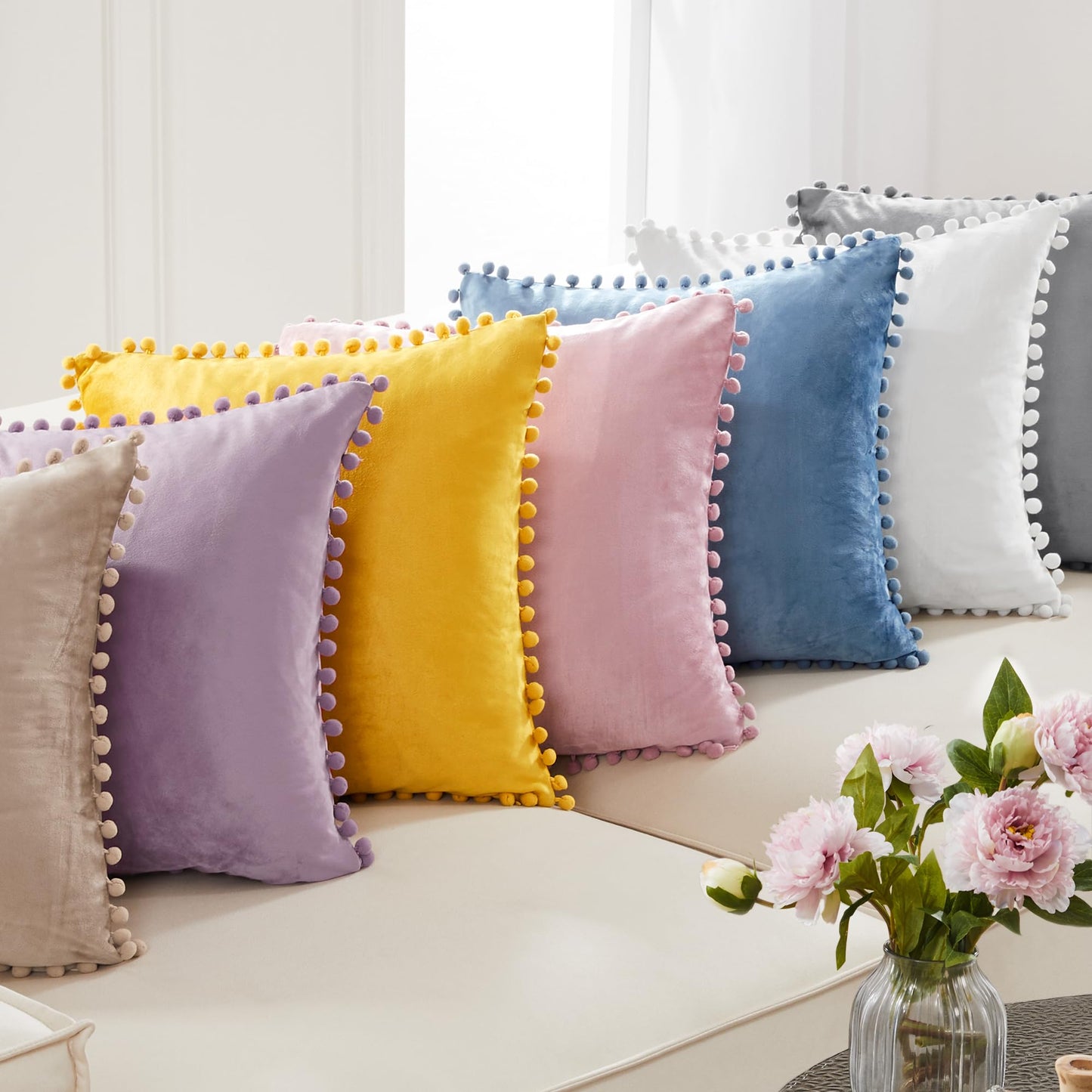 Velvet Throw Pillow Covers with Pom-Poms, 26x26 Inch