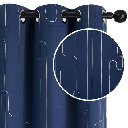 Room Darkening Curtains with Line Foil Print, Navy Blue, 2 Panels
