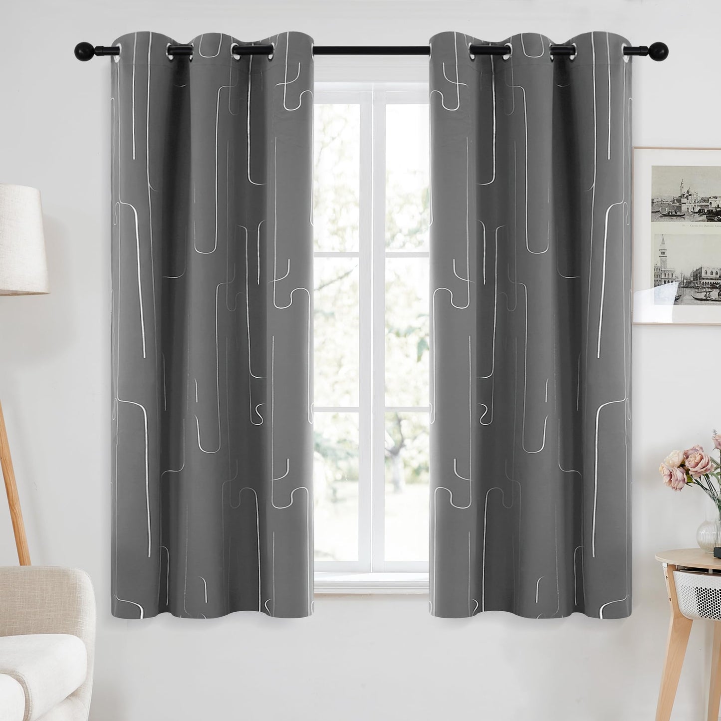 Room Darkening Curtains with Line Foil Print, 2 Panels