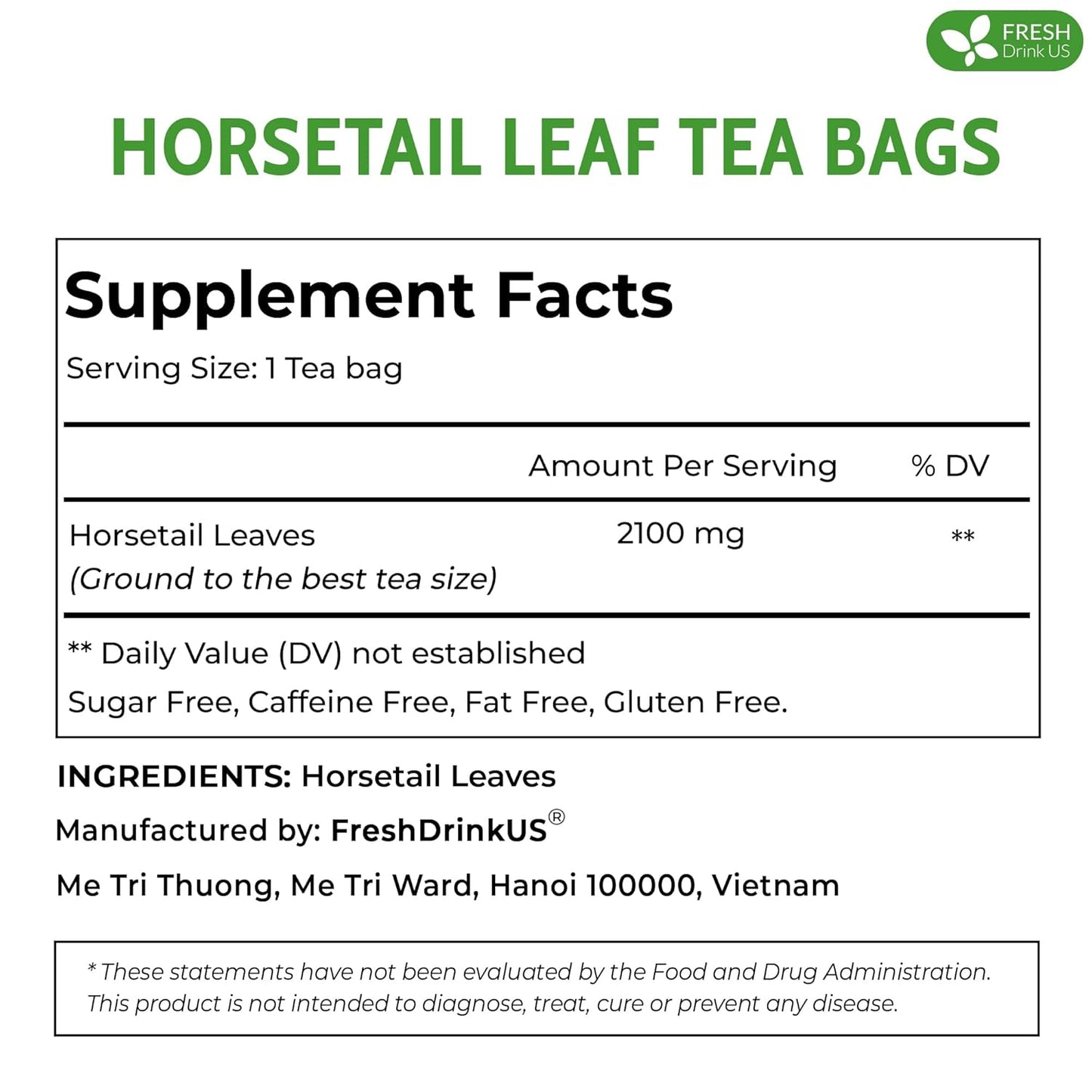 Premium Horsetail Leaf Tea Bags, 100% Natural & Pure from Horsetail Loose Leaves Herbal Tea. No Sugar, No Caffeine, No Gluten, Vegan.