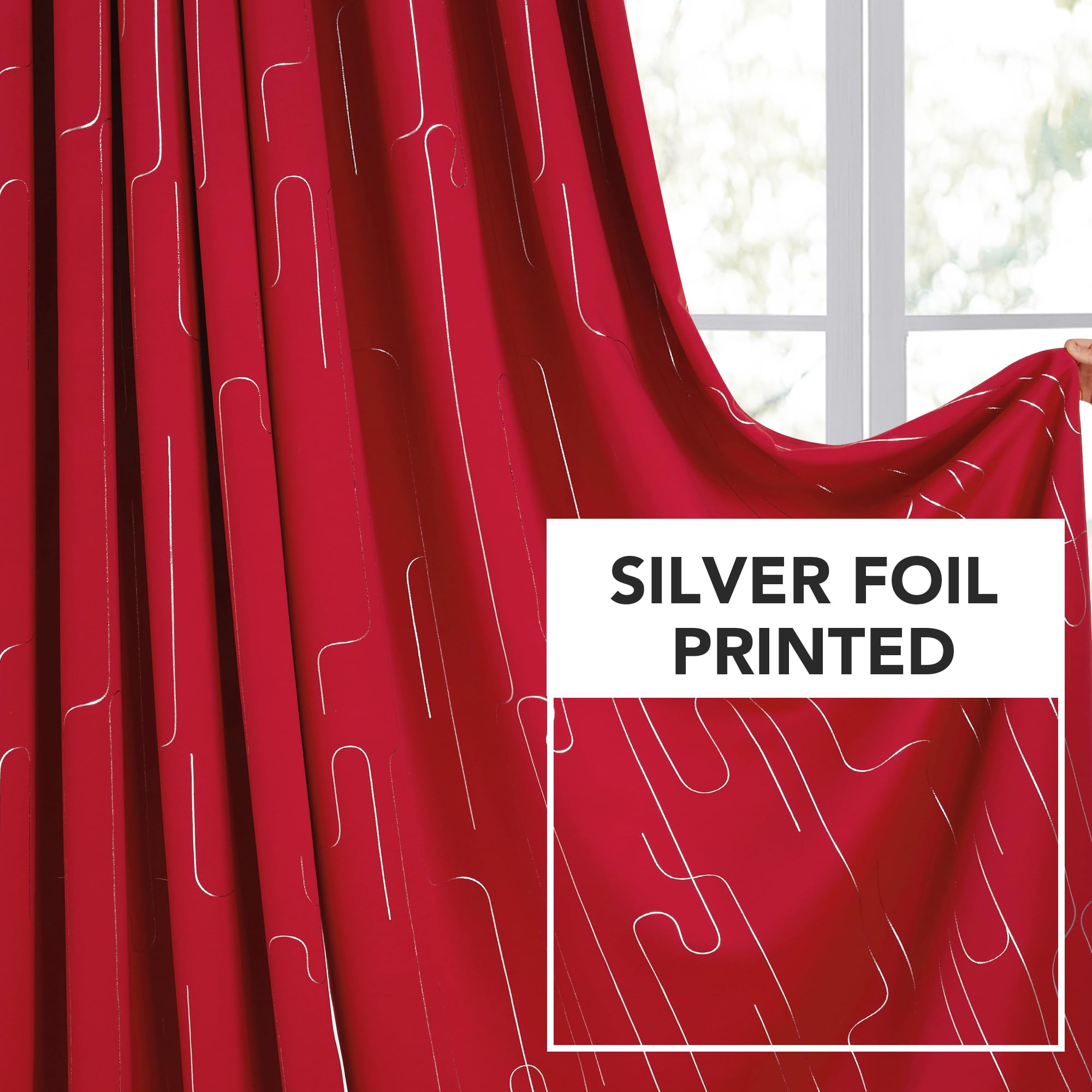 Room Darkening Curtains with Line Foil Print, Navy Blue, 2 Panels