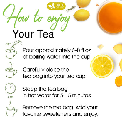 Premium Lemon Ginger Tea Bag, Eco-conscious Tea Bags. Lemon Ginger Herbal Tea. No Sugar, No Caffeine, No Gluten, Vegan.