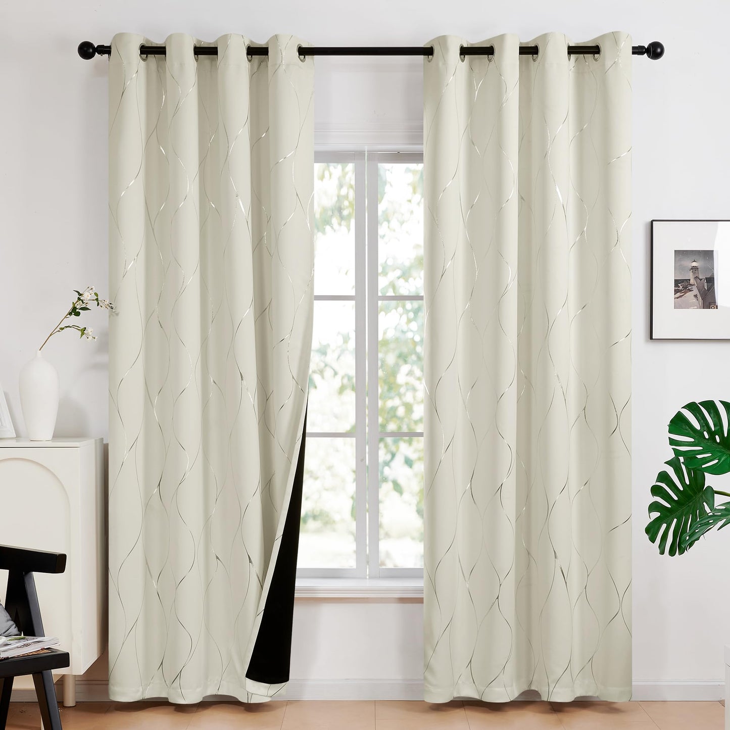 Total Blackout Curtains with Silver Print, 2 Panels
