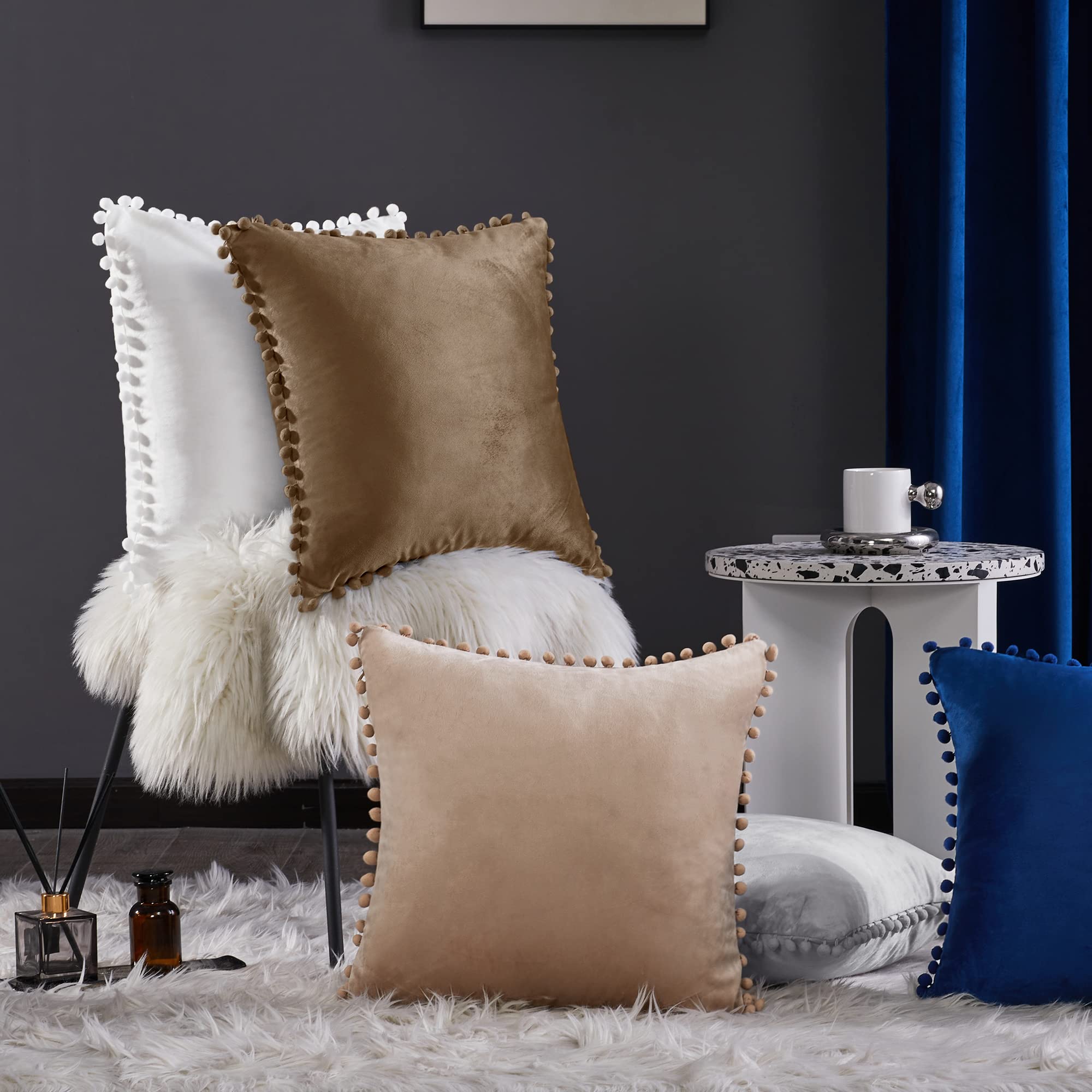 Velvet Throw Pillow Covers with Pom-Poms, 26x26 Inch