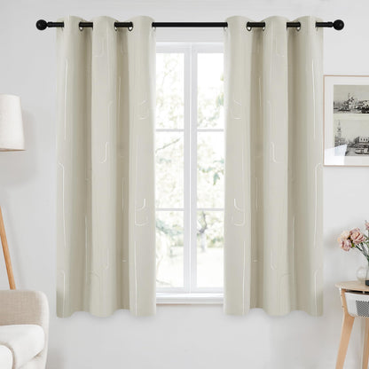 Room Darkening Curtains with Line Foil Print, Navy Blue, 2 Panels