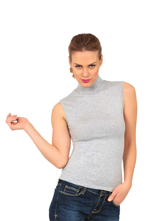 BASIC COTTON Free Spirit Premium Quality Cotton Women's Turtleneck Sleeveless Top Made in Italy