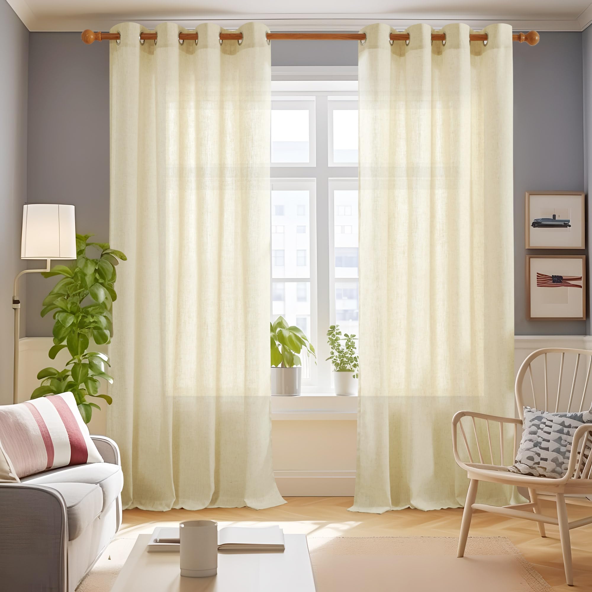Linen Look Boho Semi-Sheer Curtains, 52x63 Inch, 2 Panels