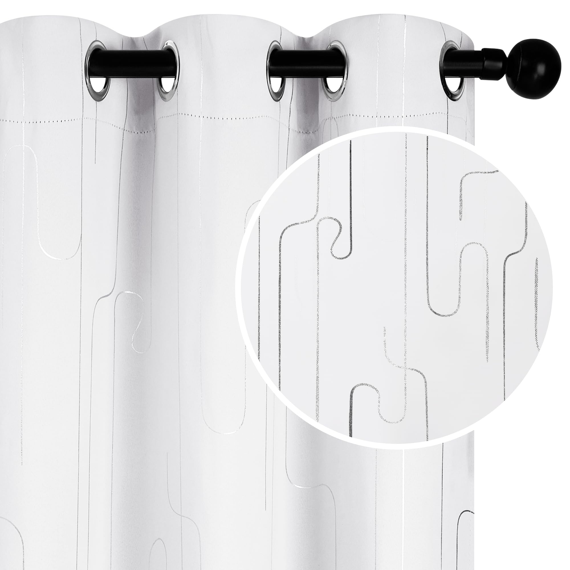 Room Darkening Curtains with Line Foil Print, Navy Blue, 2 Panels