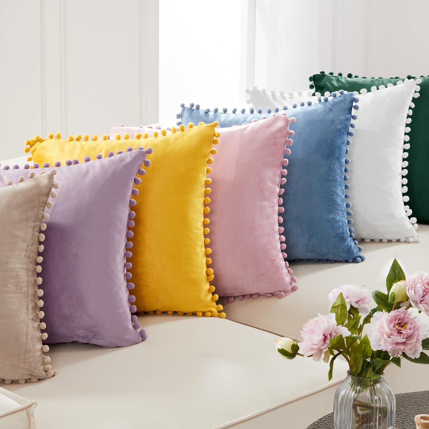 Red Velvet Cushion Covers with Pom-Poms, 2 PCS