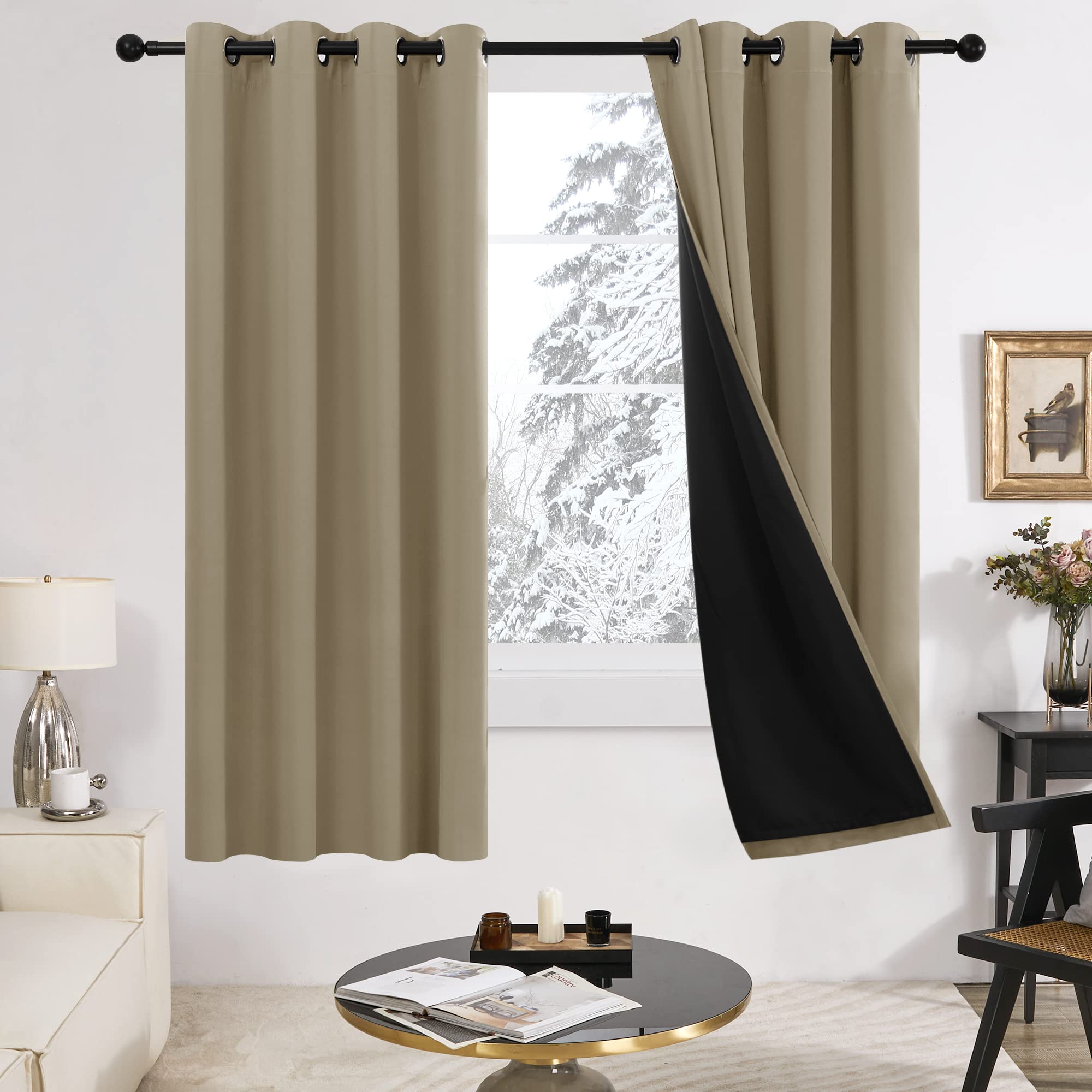2-Layer Thermal Blackout Curtains, Tan, 52x72 Inch