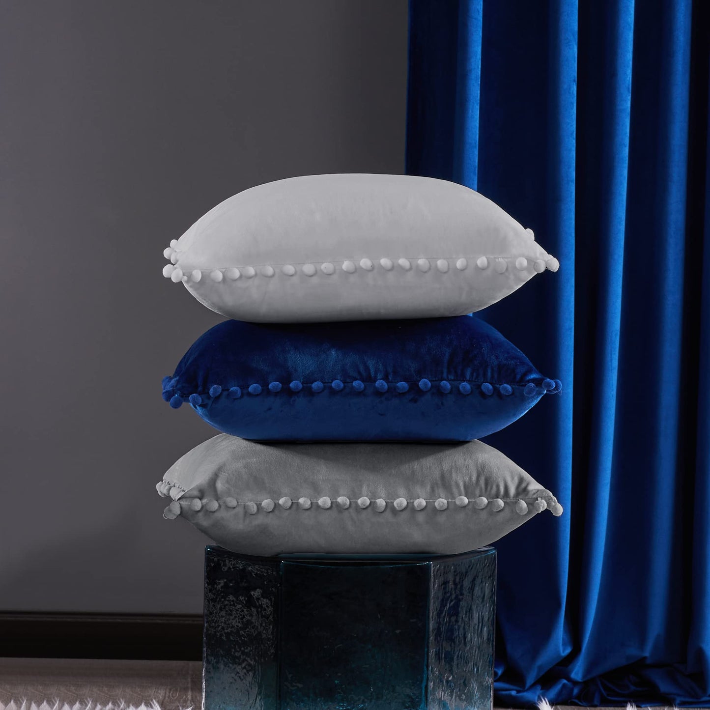 Velvet Throw Pillow Covers with Pom-Poms, 26x26 Inch