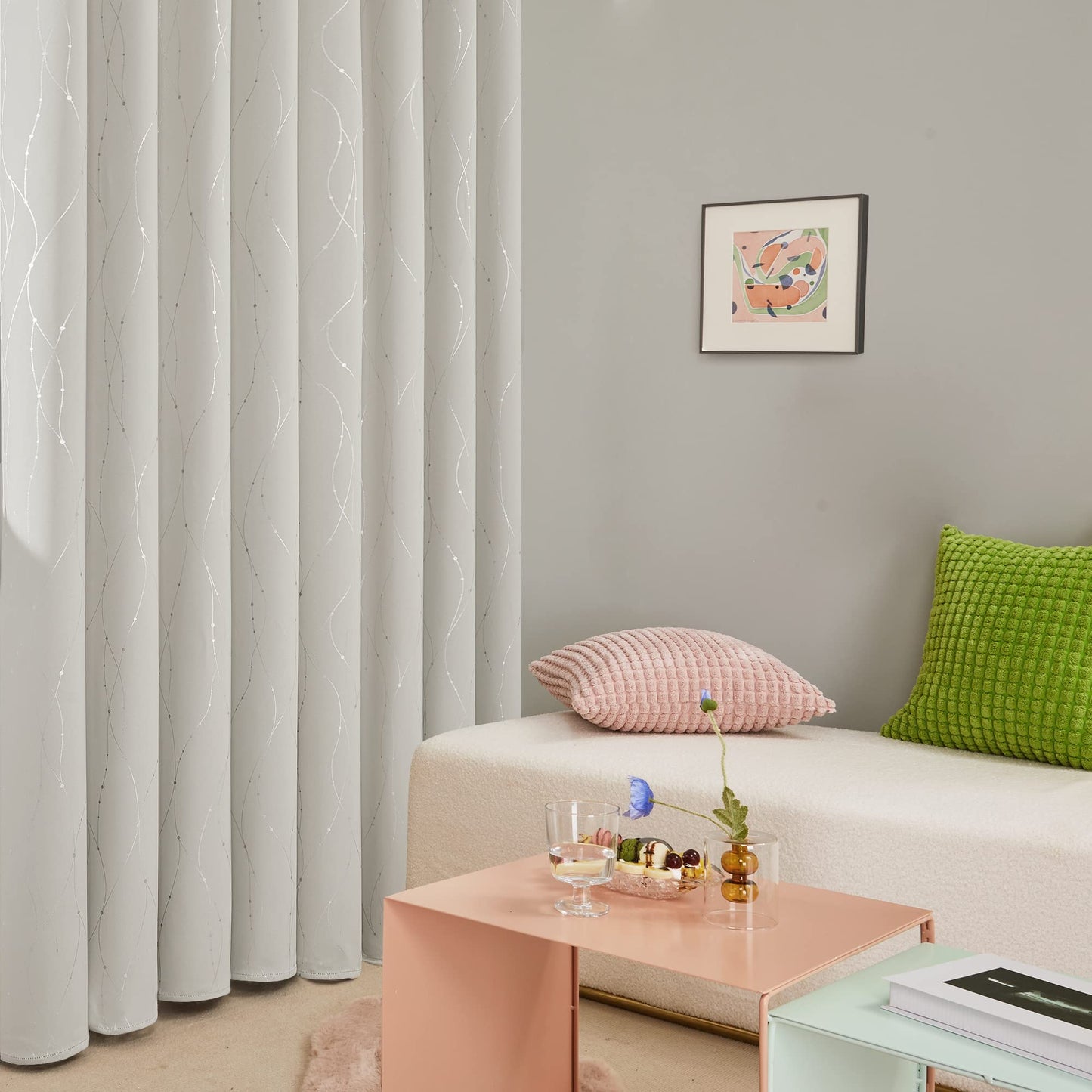 Room Darkening Curtains with Line Foil Print, 2 Panels