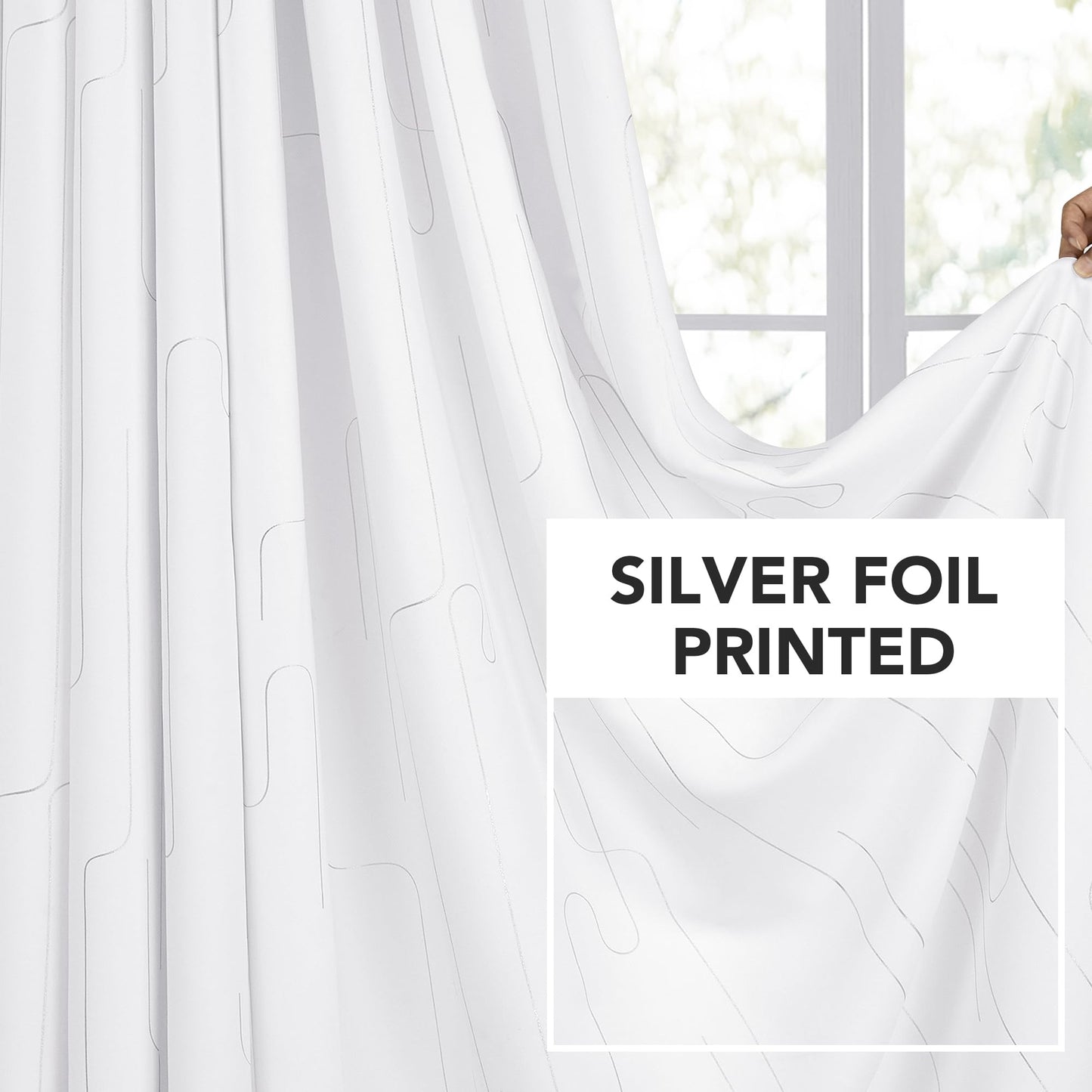 Room Darkening Curtains with Line Foil Print, Navy Blue, 2 Panels