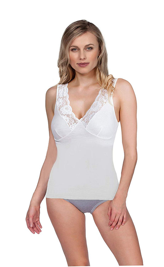 MaRe Luxury Merino Wool Blend V-Neck Top with Lace Trim. Proudly Made in Italy.