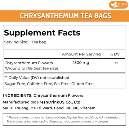 Premium Chrysanthemum Flower Tea Bags. Chrysanthemum Flower Herbal Tea. No Sugar, No Caffeine, No Gluten, Vegan.