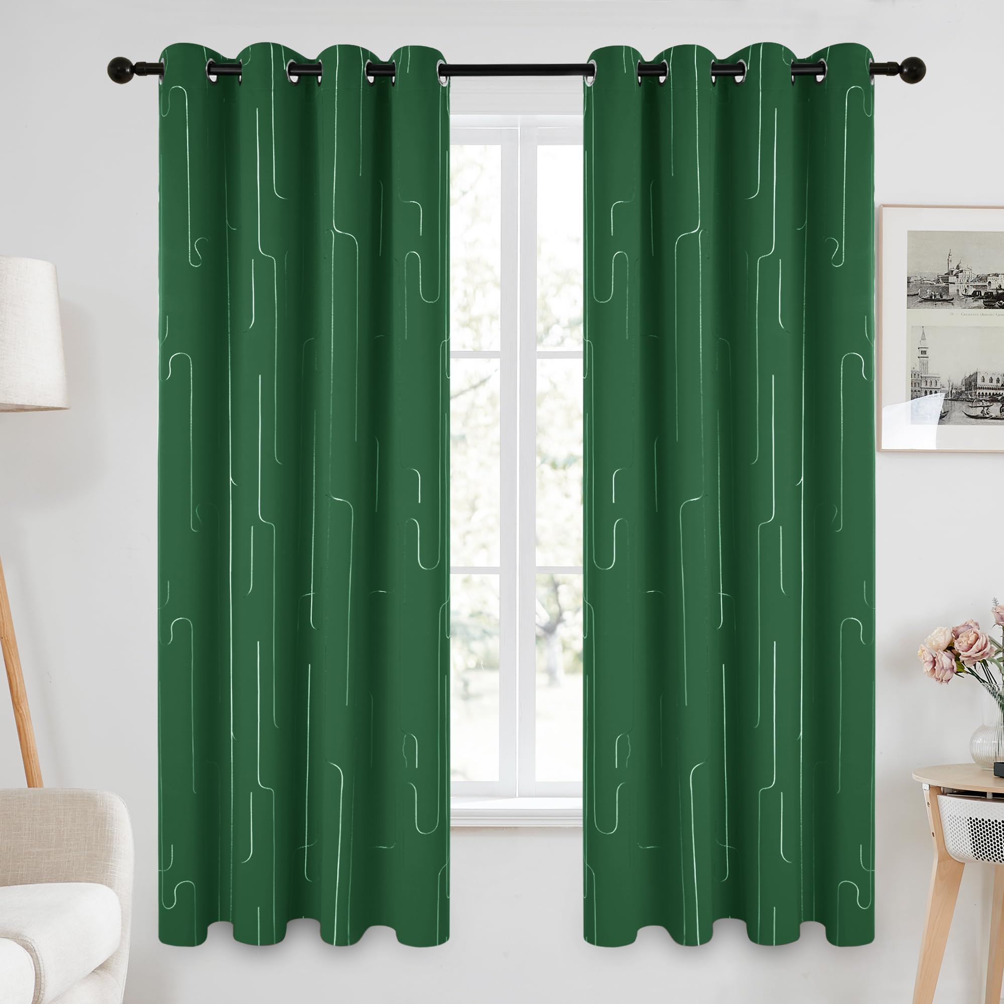 Room Darkening Curtains with Line Foil Print, Navy Blue, 2 Panels