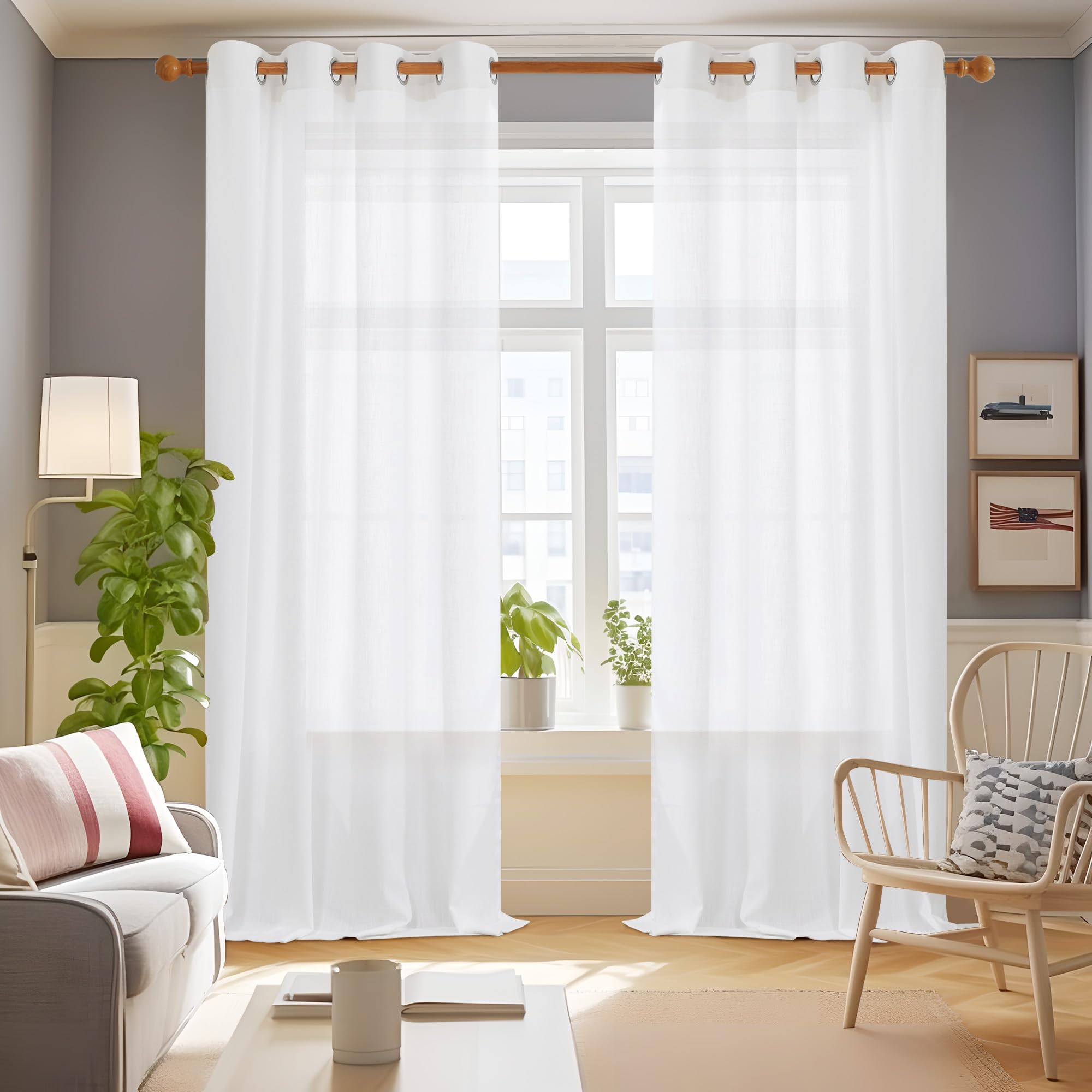 Linen Look Boho Semi-Sheer Curtains, 52x63 Inch, 2 Panels