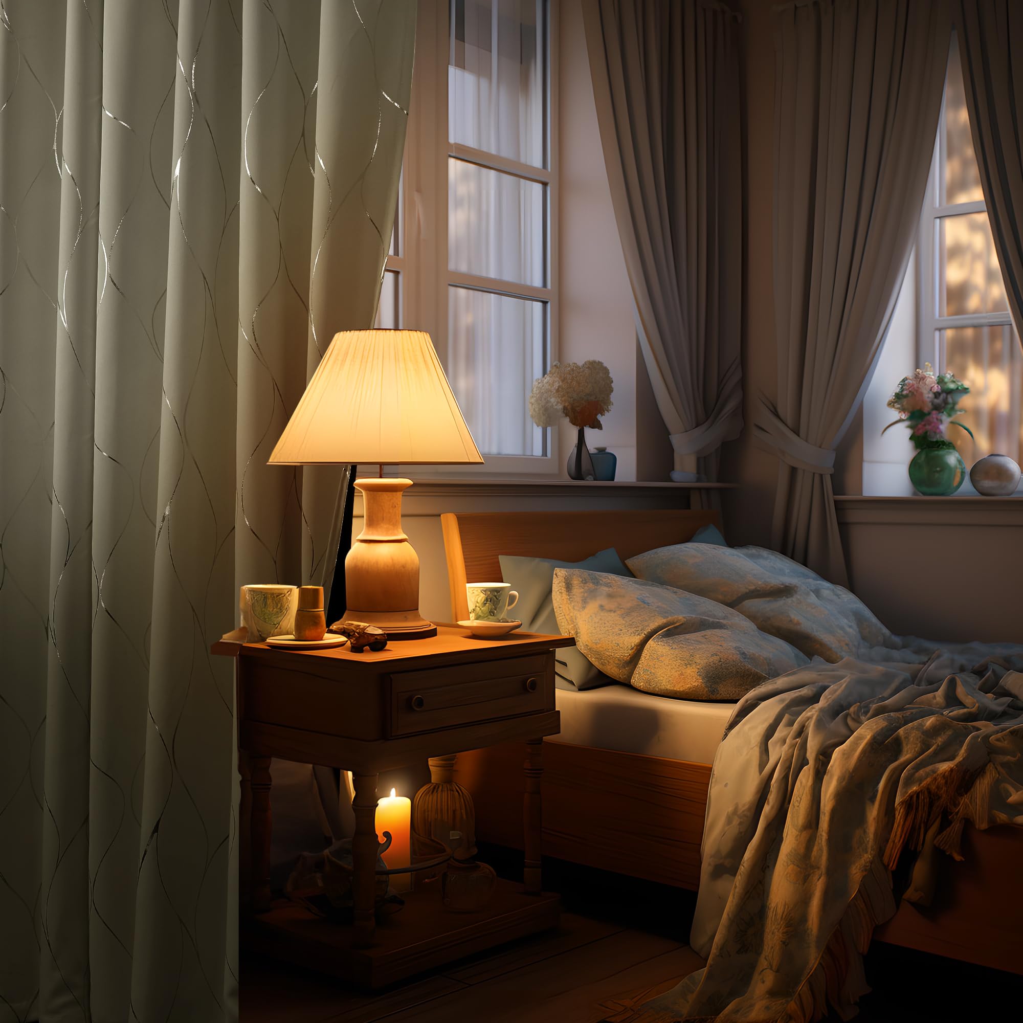 Total Blackout Curtains with Silver Print, 2 Panels