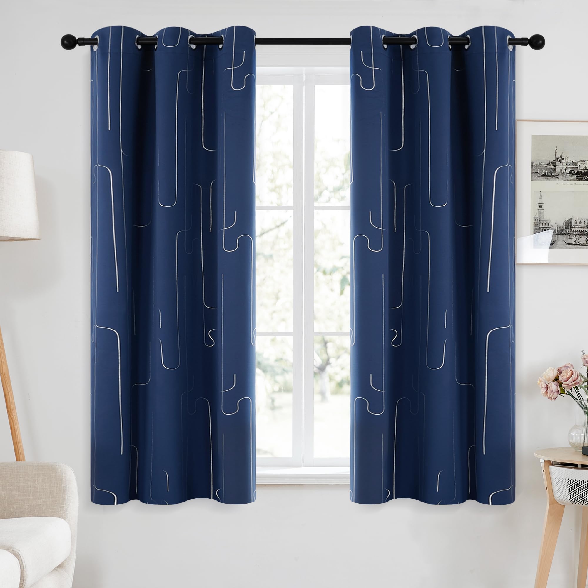 Room Darkening Curtains with Line Foil Print, Navy Blue, 2 Panels
