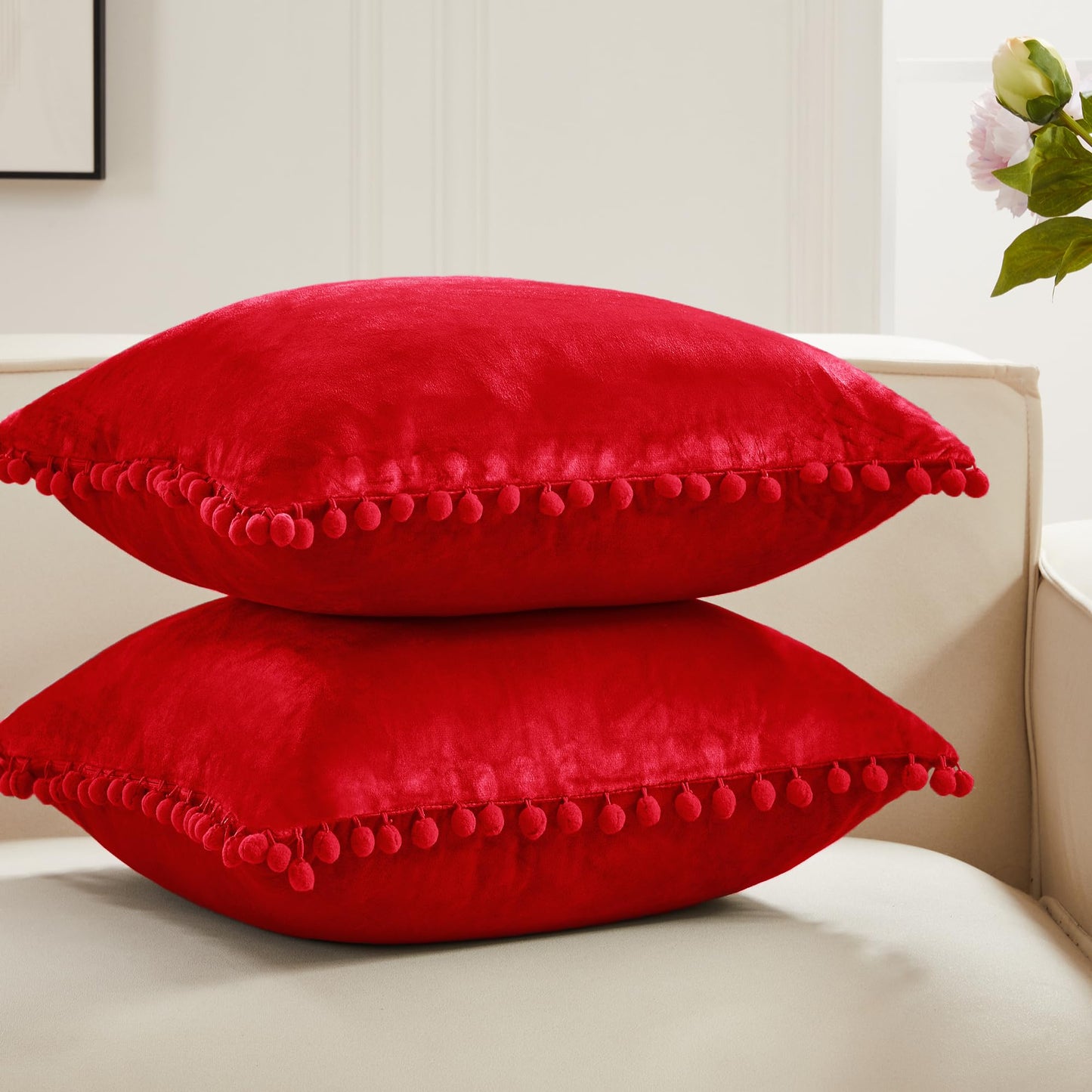 Red Velvet Cushion Covers with Pom-Poms, 2 PCS