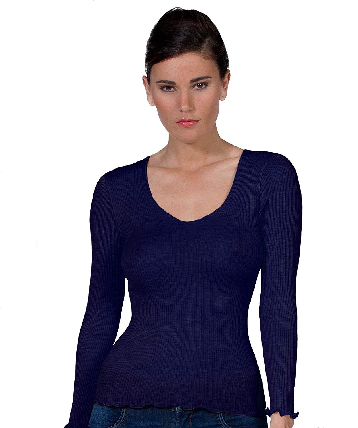 EGI Luxury Wool Silk V-Neck Long Sleeve Top. Proudly Made in Italy (1493)