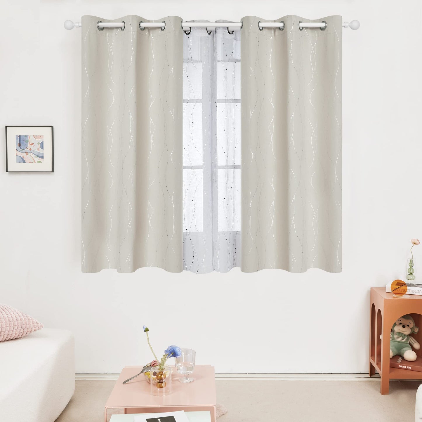 Room Darkening Curtains with Line Foil Print, 2 Panels