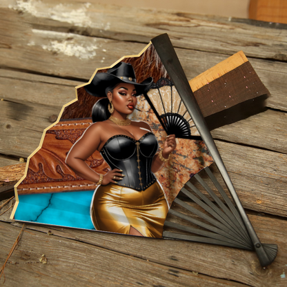 Boots & Bottles Brown and Turquoise Clack Hand-held Folding Fan