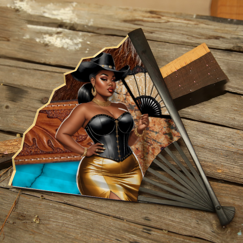 Boots & Bottles Brown and Turquoise Clack Hand-held Folding Fan