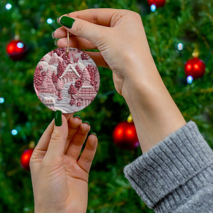 3D Embroidered Pink Christmas Landscape Ceramic Ornament