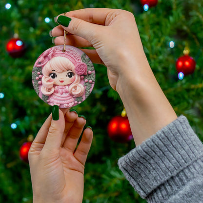 3D Embroidered Pink Christmas Elf Ceramic Ornament