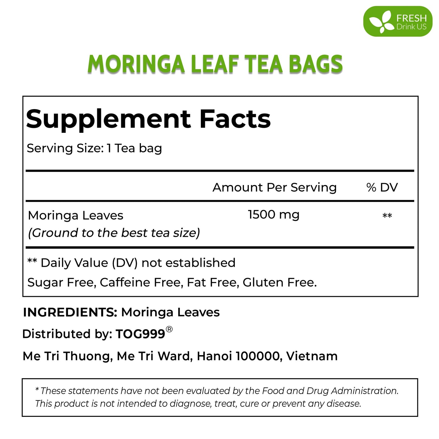 Moringa Leaf Tea Bags, 100% Natural & Pure from Moringa Leaves. Loose Leaf Moringa Herbal Tea. Moringa Leaf Tea. No Sugar, No Caffeine, No Gluten, Vegan