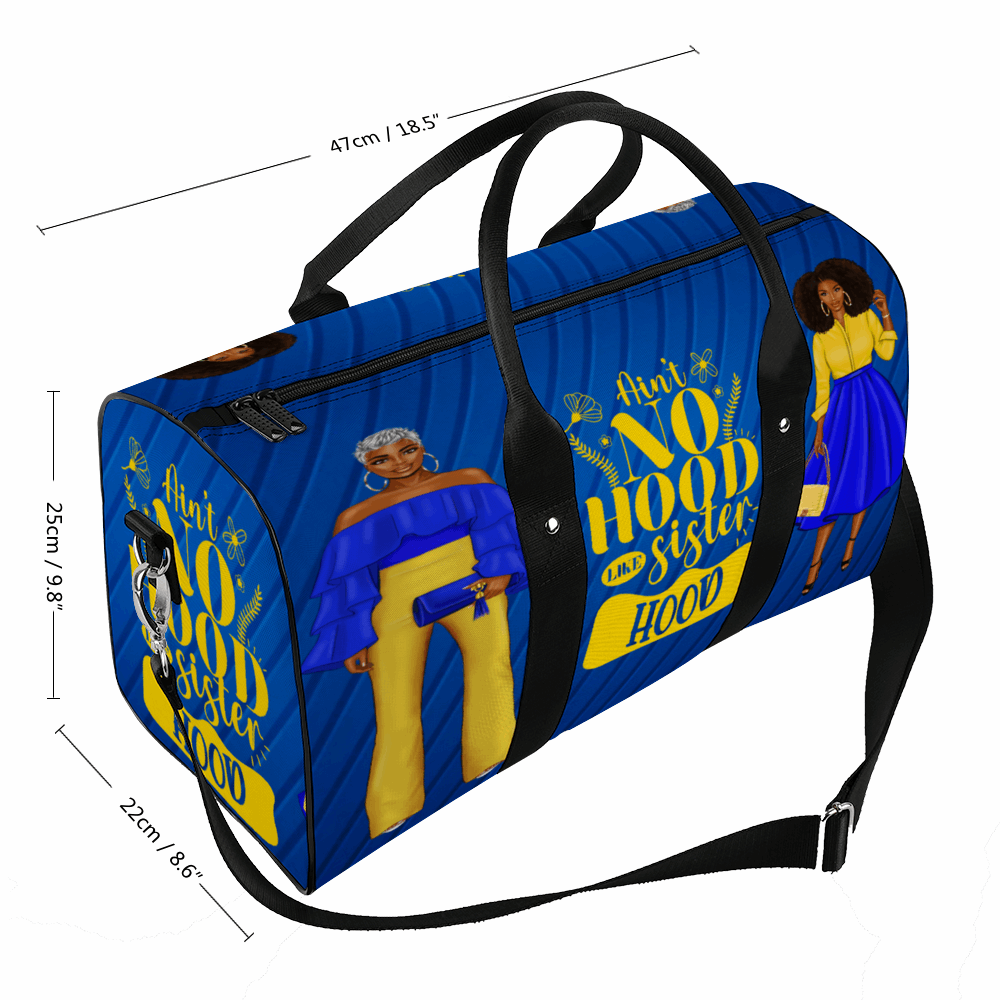 Blue and Gold Aint No Hood Like Sisterhood Large Bag, Luggage, Travel, Gym, Travel Tote