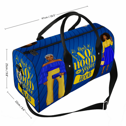 Blue and Gold Aint No Hood Like Sisterhood Large Bag, Luggage, Travel, Gym, Travel Tote